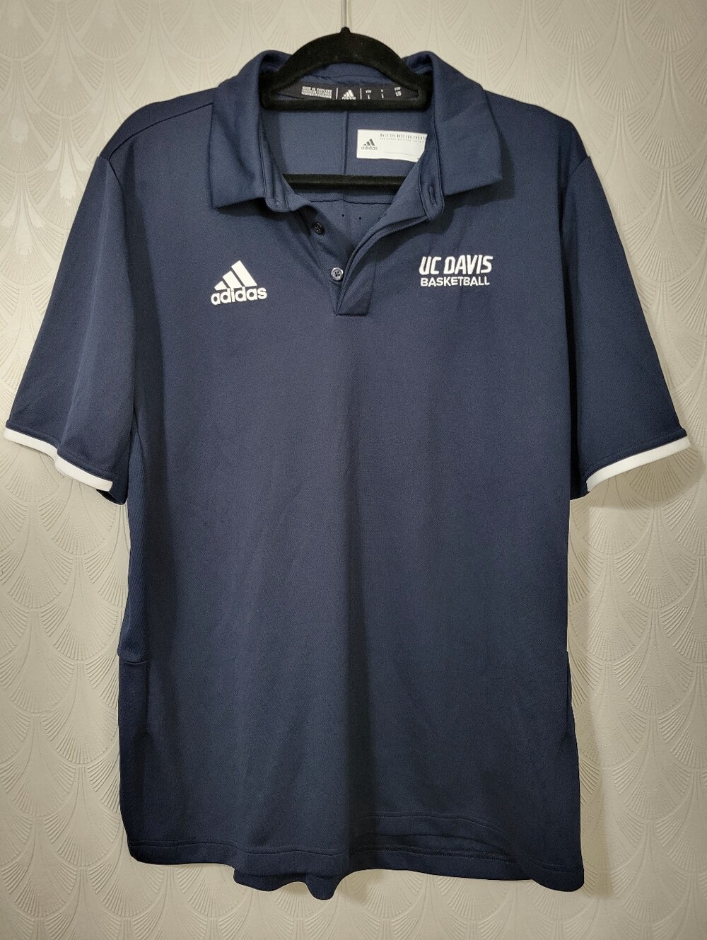 Adidas Polo Shirt Short Sleeve Climalite Blue Men's sz Large UC Davis Basketball